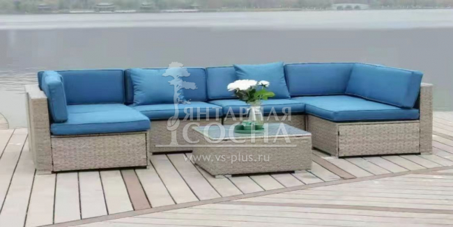 Плетеный модульный комплект YR822C Grey (подушка синяя) Плетеный модульный комплект YR822C Grey (подушка синяя)